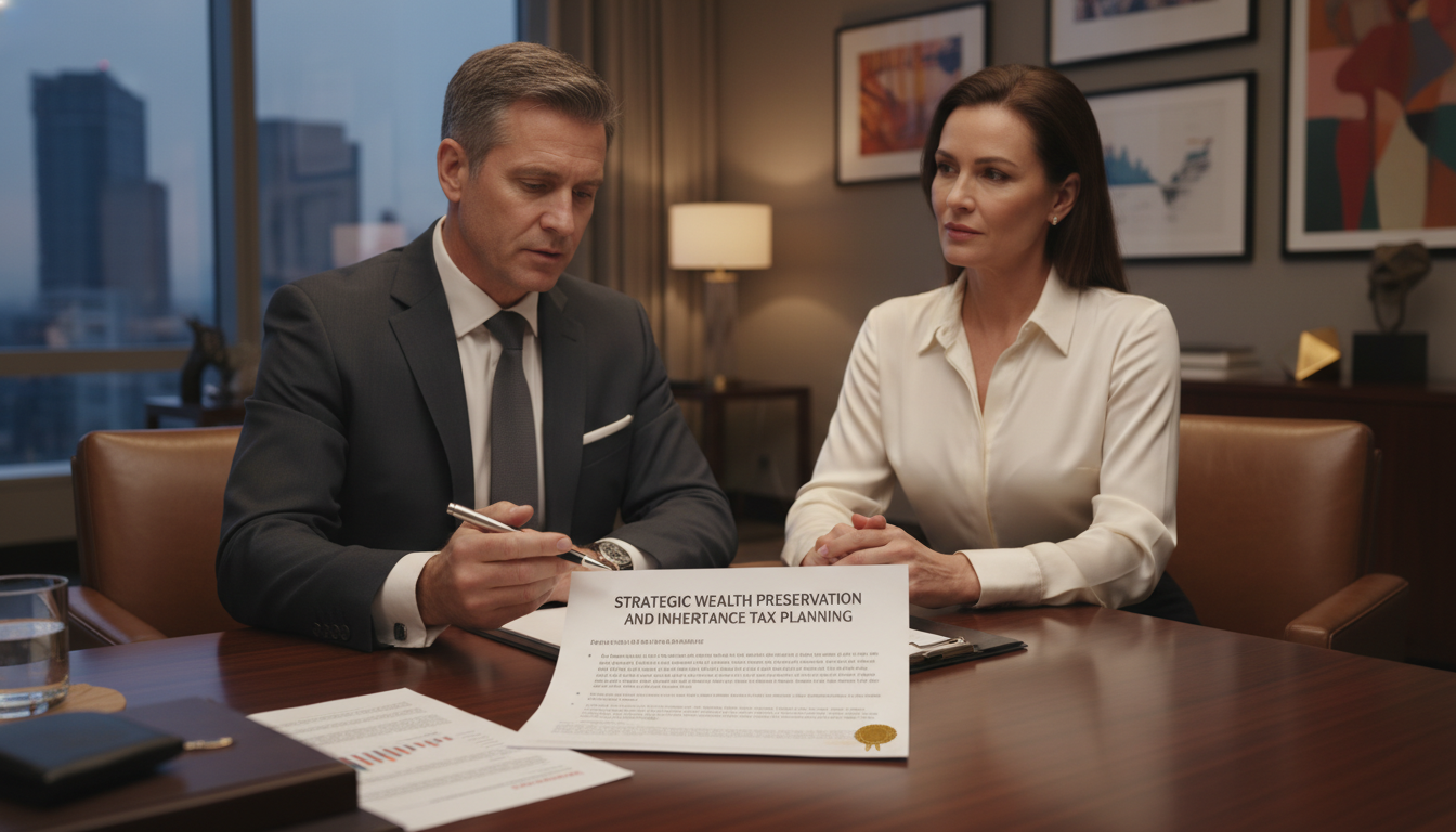 A professional meeting between a financial advisor and a client in a high-end office, with a focus on a document titled 'Strategic Wealth Preservation and Inheritance Tax Planning'.